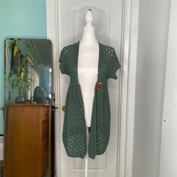 Free People Green Open Knit Crochet 2 Button Top, Size XS #343 - Picture 7 of 11